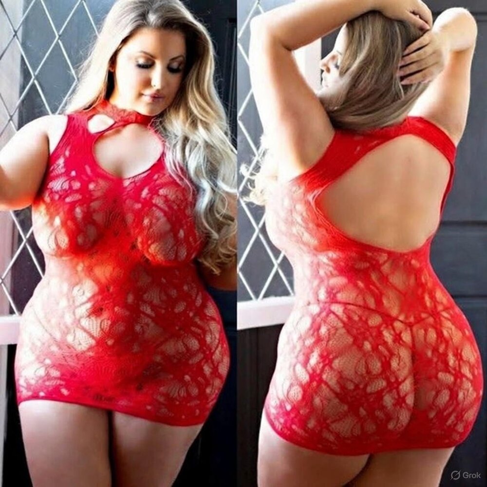 RED Lingerie Choker Neck Sheer Lace Fishnet Plus Size NEW